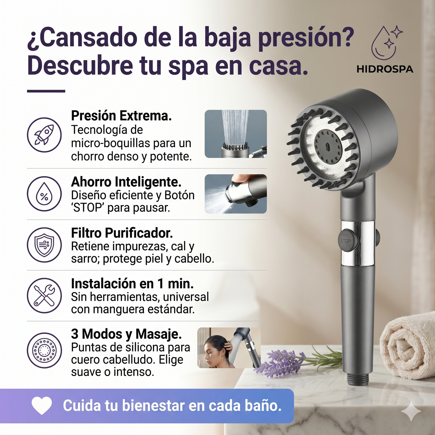 Cabezal de Ducha Spa de Alta Presión con Filtro Purificador